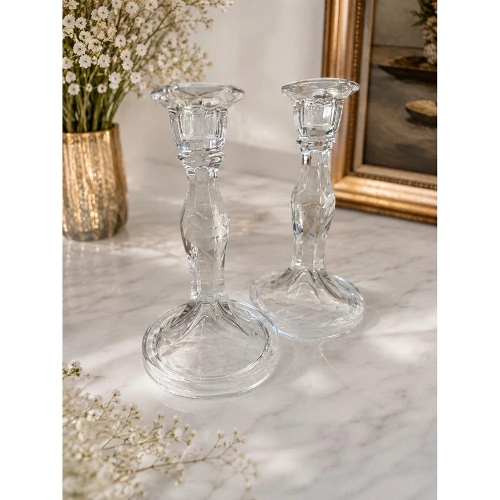 Vintage Etched Crystal Glass Candlestick Holders Pair Floral Wheat Pattern 7in